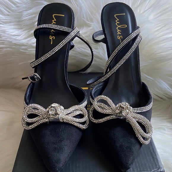 Lulus Lullie Black Suede Rhinestone Ankle Strap Pointed-Toe Pumps Heels Size 11 - Picture 2 of 8